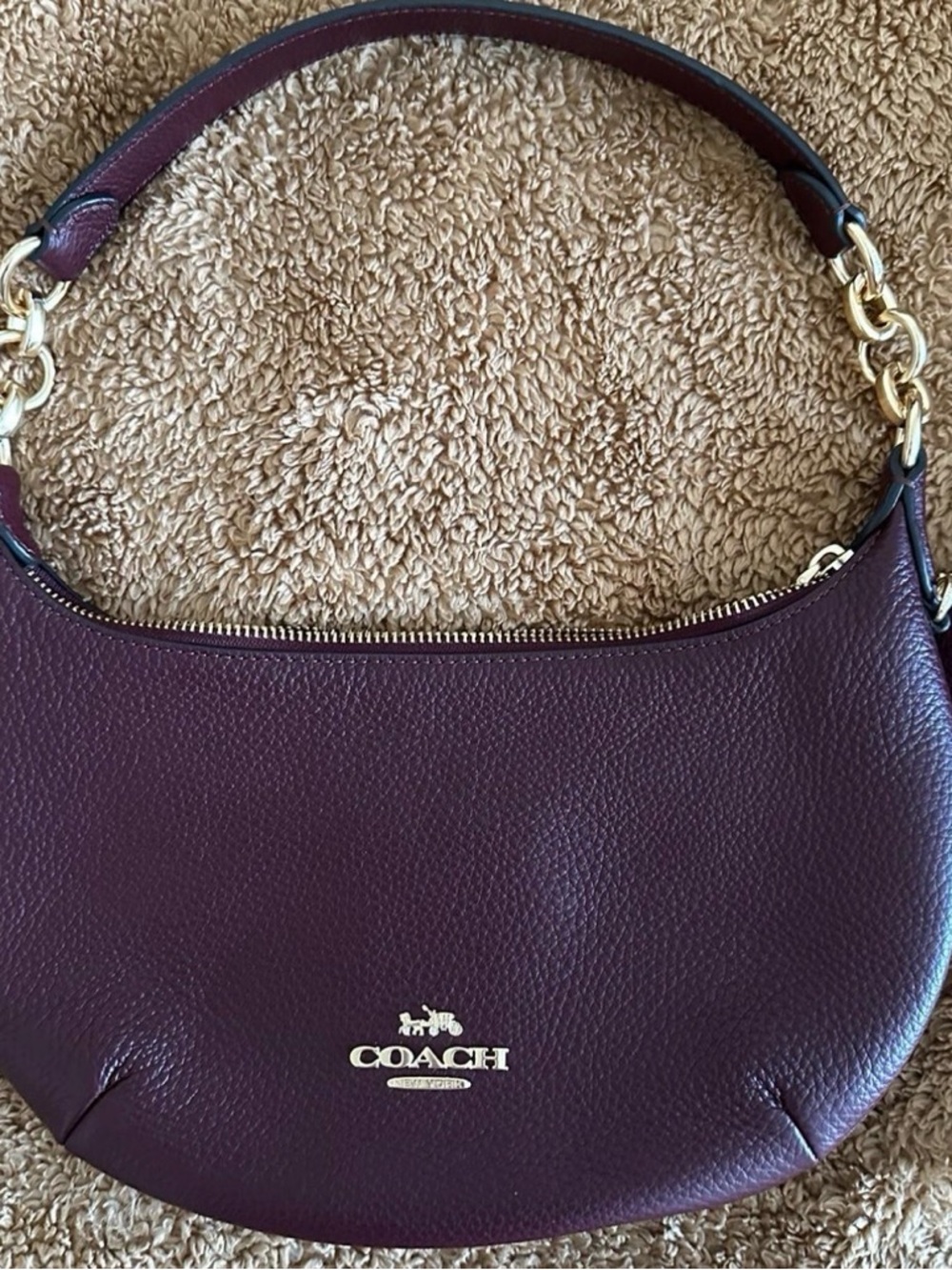 Coach Pebbled Leather Shoulder Hobo in Plum with Gold Hardware